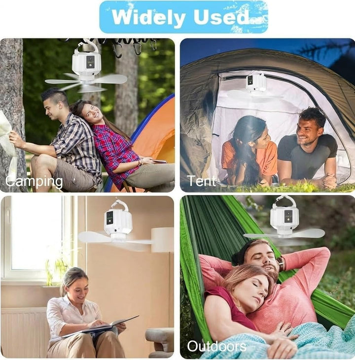 Wastou 5200 mAh Camping-Ventilator, Mini-USB-Ventilator mit LED-Licht & Haken, 3-Geschwindigkeits-De