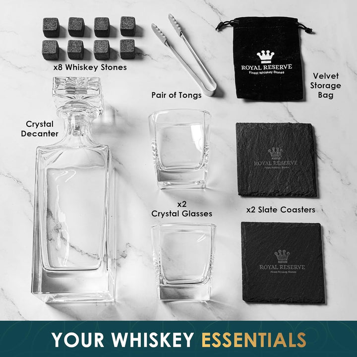 Whisky Geschenkset – Whiskey Gläser, Karaffe, Steine, Eiszange, Untersetzer, Holzkiste, Samtbeutel,