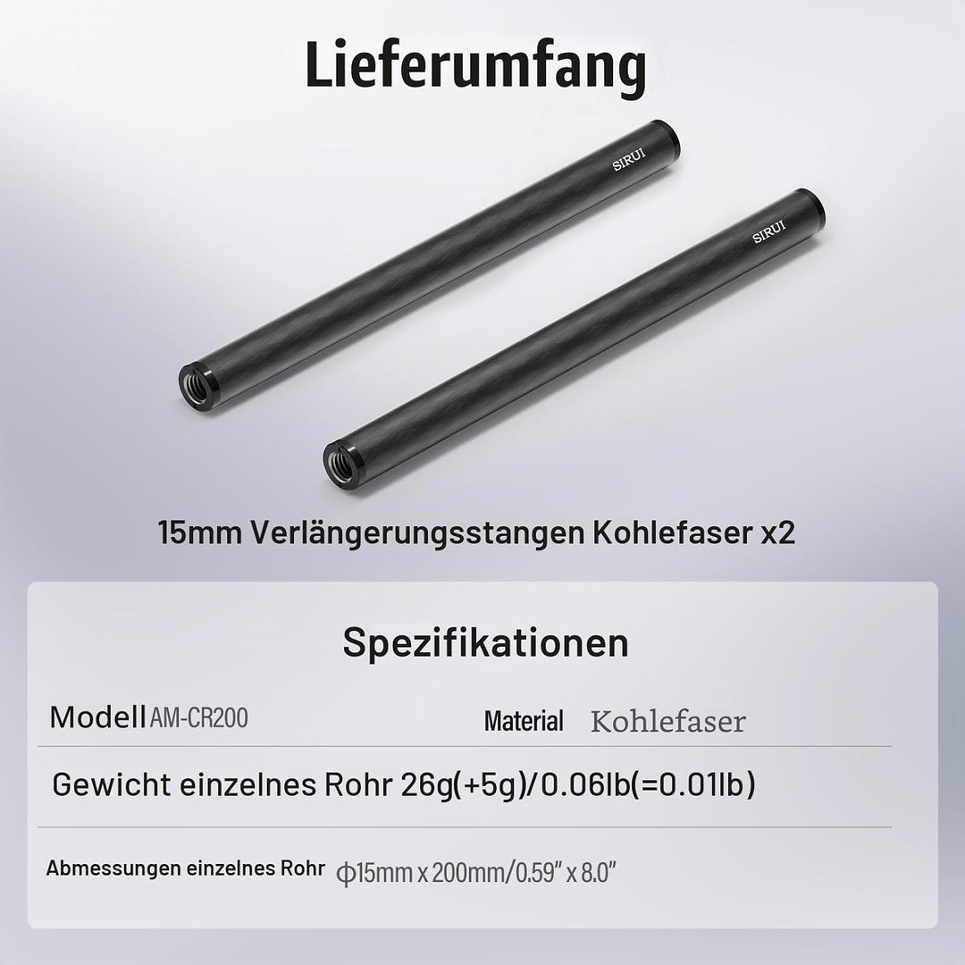 SIRUI 15mm Rod Kohlefaser Stange, universelle 20cm Kameraschienenstangen für 15mm Stangenschienen-St