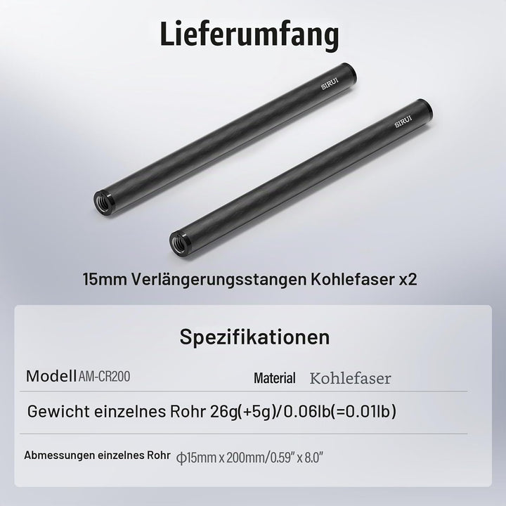 SIRUI 15mm Rod Kohlefaser Stange, universelle 20cm Kameraschienenstangen für 15mm Stangenschienen-St