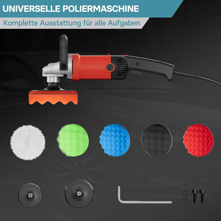 Wiltec Auto Poliermaschine Schleifmaschine 1200W bis 3000 U/min, Poliergerät mit 6 Stufen, mit Zubeh