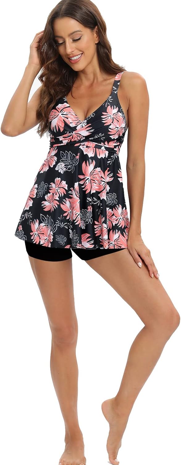 Adigaber Damen zweiteilig Badeanzug Push up Bademoden bauchweg Tankini Set mit Hot Pants Drucken Bad