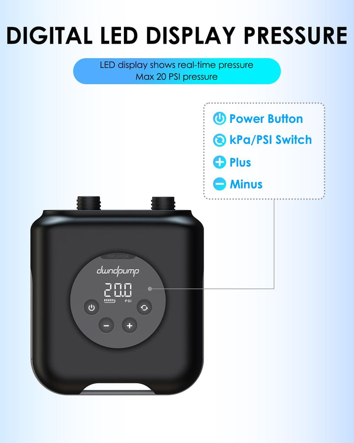 dwndpump Elektrische SUP Pumpe HOBO PRO, Wiederaufladbare 20PSI | 12V Autoanschluss Zweistufige Kabe