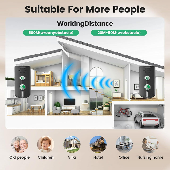 2 Wege Gegensprechanlagen 1000M, Smart Voice Intercom mit 38 Klingeltöne, Kabellose Notruf-Gegenspre