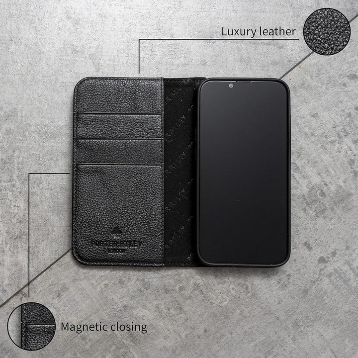 Porter Riley - Lederhülle für iPhone 13 Mini (5.4"). Premium Echtleder Standhülle/Ledertasche/Brieft