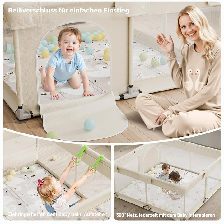 Laufstall Baby mit Matratze, Beige 120x120 Kleines Laufgitter Baby mit Matte, Laufstall für Apartmen