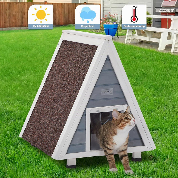 Petsfit Katzenhaus Outdoor Winterfest mit Fluchttür Katzenhaus Outdoor Holz mit erhöhtem Design Katz