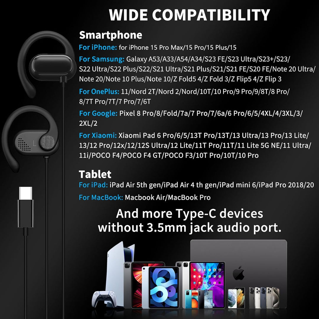 USB C Kopfhörer für iPhone 16e 17 Pro Max Pixel 9 Pro 8a,Typ C Kopfhörer Open Ear Ohrhörer und Mikro