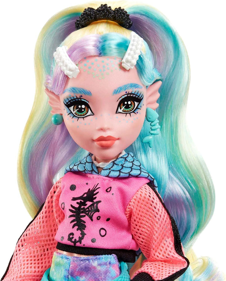 MONSTER HIGH Lagoona Blue Puppe - Pink Hoodie, Batik-Bikeshorts, Plateausandalen, Flossen, Zubehör,