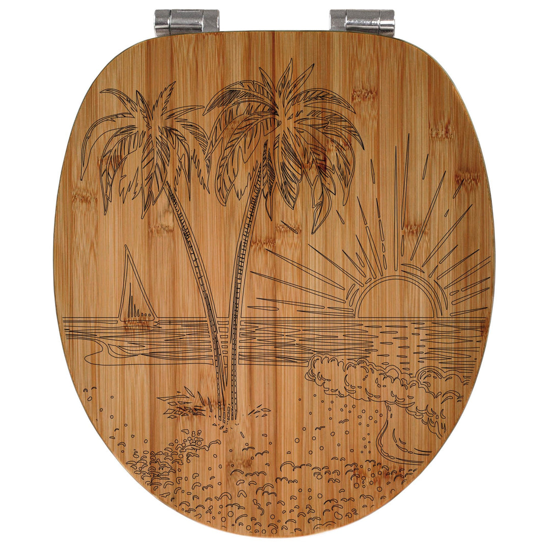 banjado® Hochwertig gravierter Design WC Sitz Bambus Absenkautomatik Palmenstrand/Toilettendeckel mi