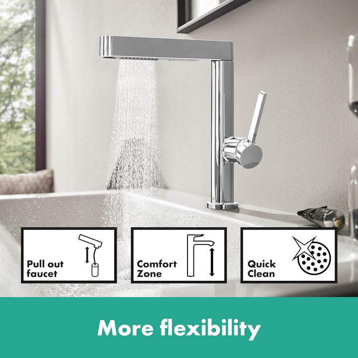 hansgrohe Finoris - Waschtischarmatur mit Push-Open Ablauf, mit ausziehbarer Brause (2 Strahlarten),