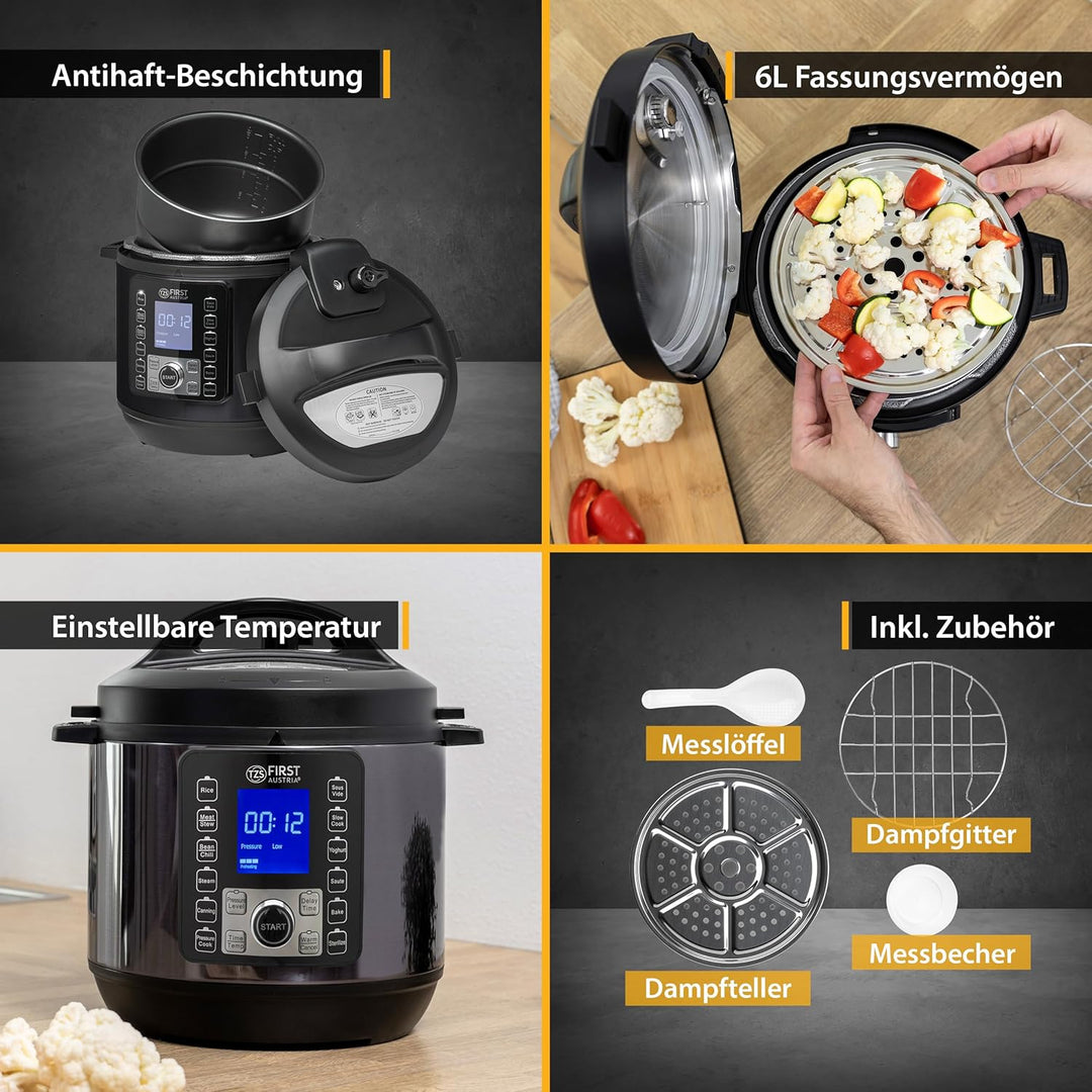 TZS First Austria Druckkochtopf elektrisch 6L | Multikocher | 12 Programme Schnellkochtopf | Reiskoc