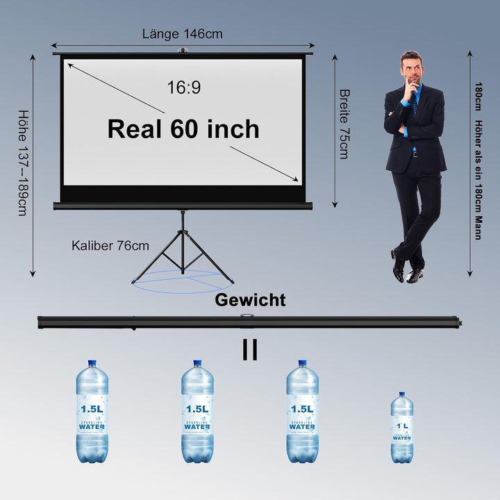 VISULAPEX 60" Leinwand Beamer mit Stativ, 16:9 4K HD Projektor Leinwand 160°Betrachtungswinkel Einst