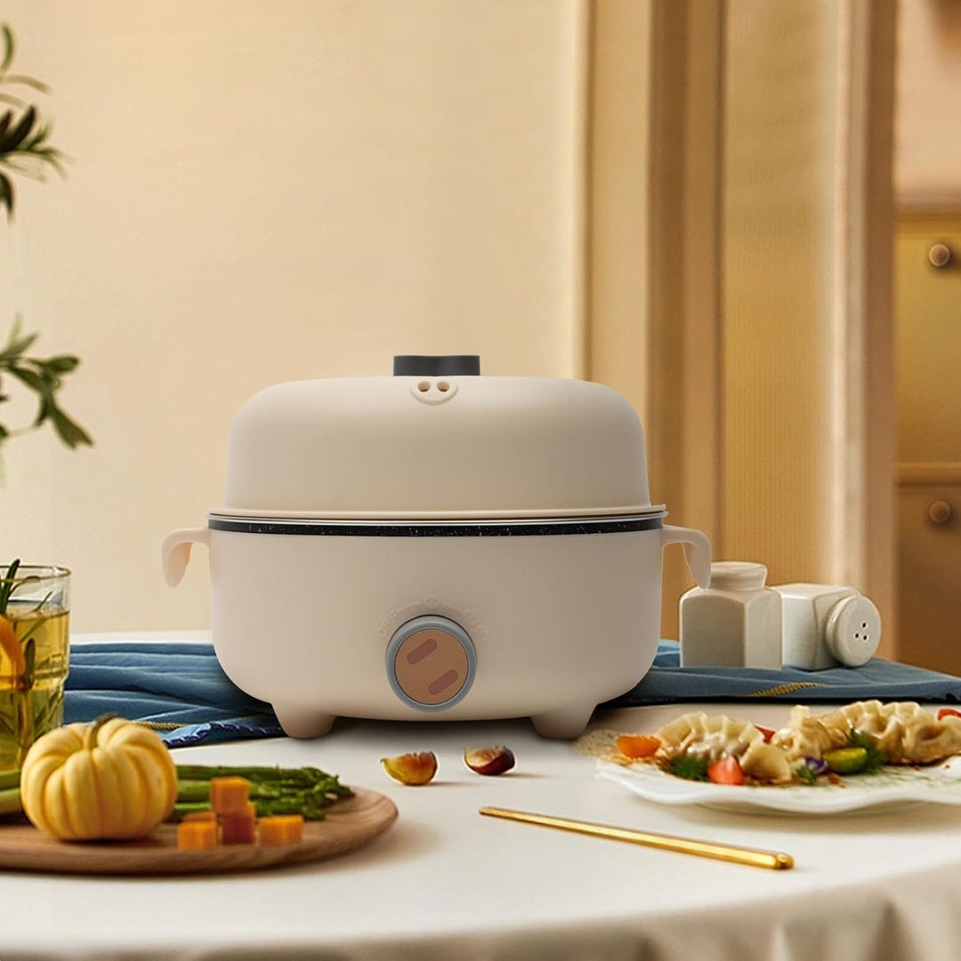 Elektrischer Hot Pot 1.5L mit 2 Dämpfern, Antihaft-Bratpfanne, Reisekocher für Braten/Ramen/Fondue/S