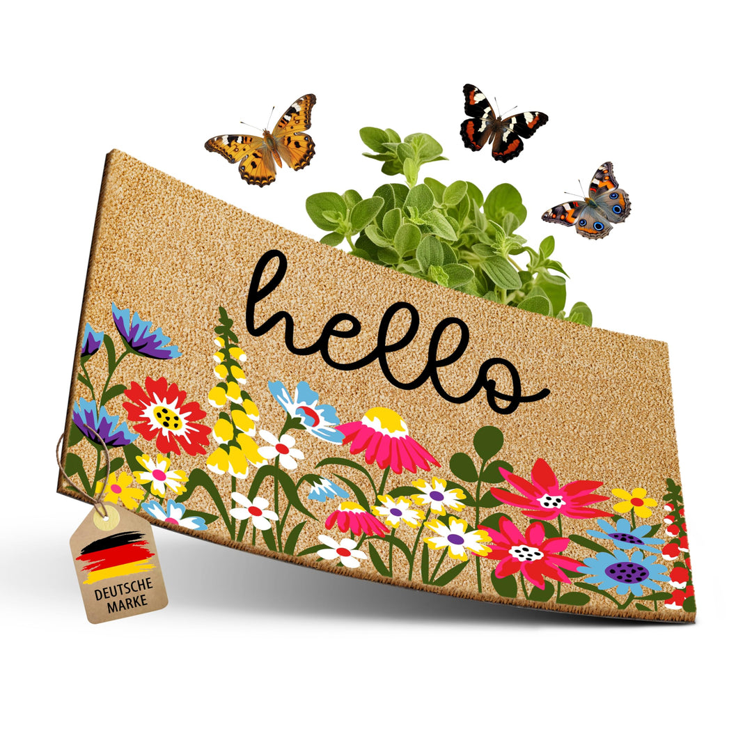 Fussmatte Kokos 60x40cm Blumen I Extra langlebige & rutschfeste Kokosmatte für Innen & Überdachte Au