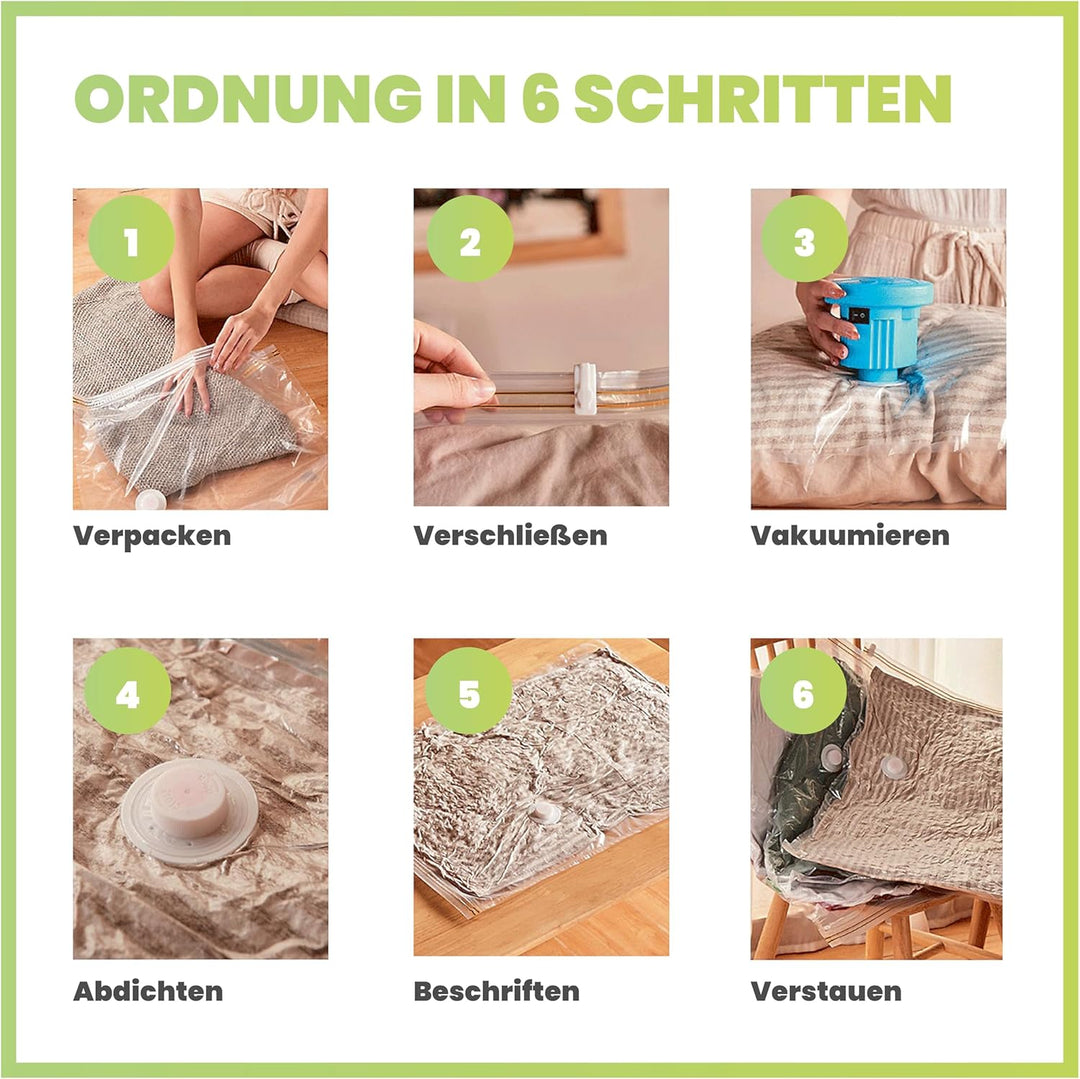 Vakuumbeutel – 6er Set extra gross für Bettdecken, Kopfkissen & Kleidung, platzsparende Aufbewahrung