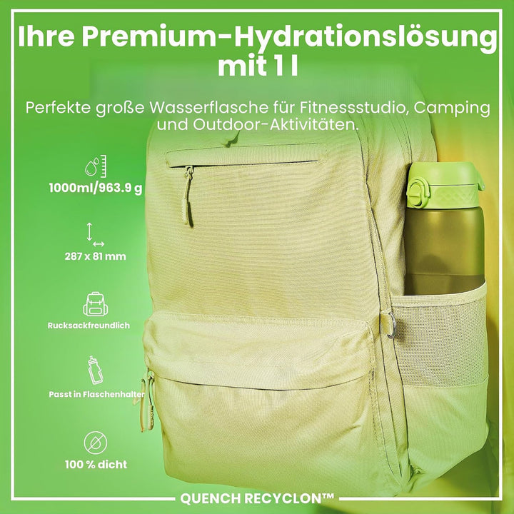 ION8 1 Liter Trinkflasche, 1000ml, Auslaufsicher, Einhandöffnung, Sichere Verriegelung, Spülmaschine