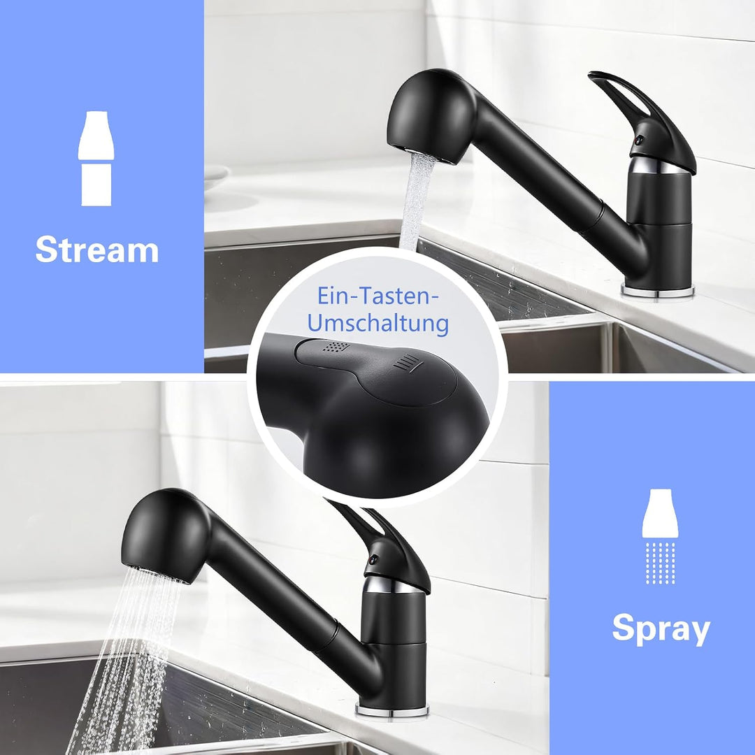 Namuoto Küchenarmatur Ausziehbar Schwarz,360° Drehbar Wasserhahn Küche,Armatur Küche mit 2 Wasseraus
