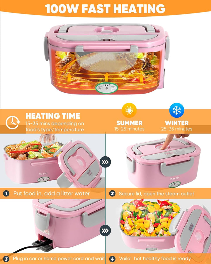 Eocolz Elektrische Lunchbox mit Speisenwärmer 80-100W, tragbarer 1,5L-Behälter mit zwei Behältern fü