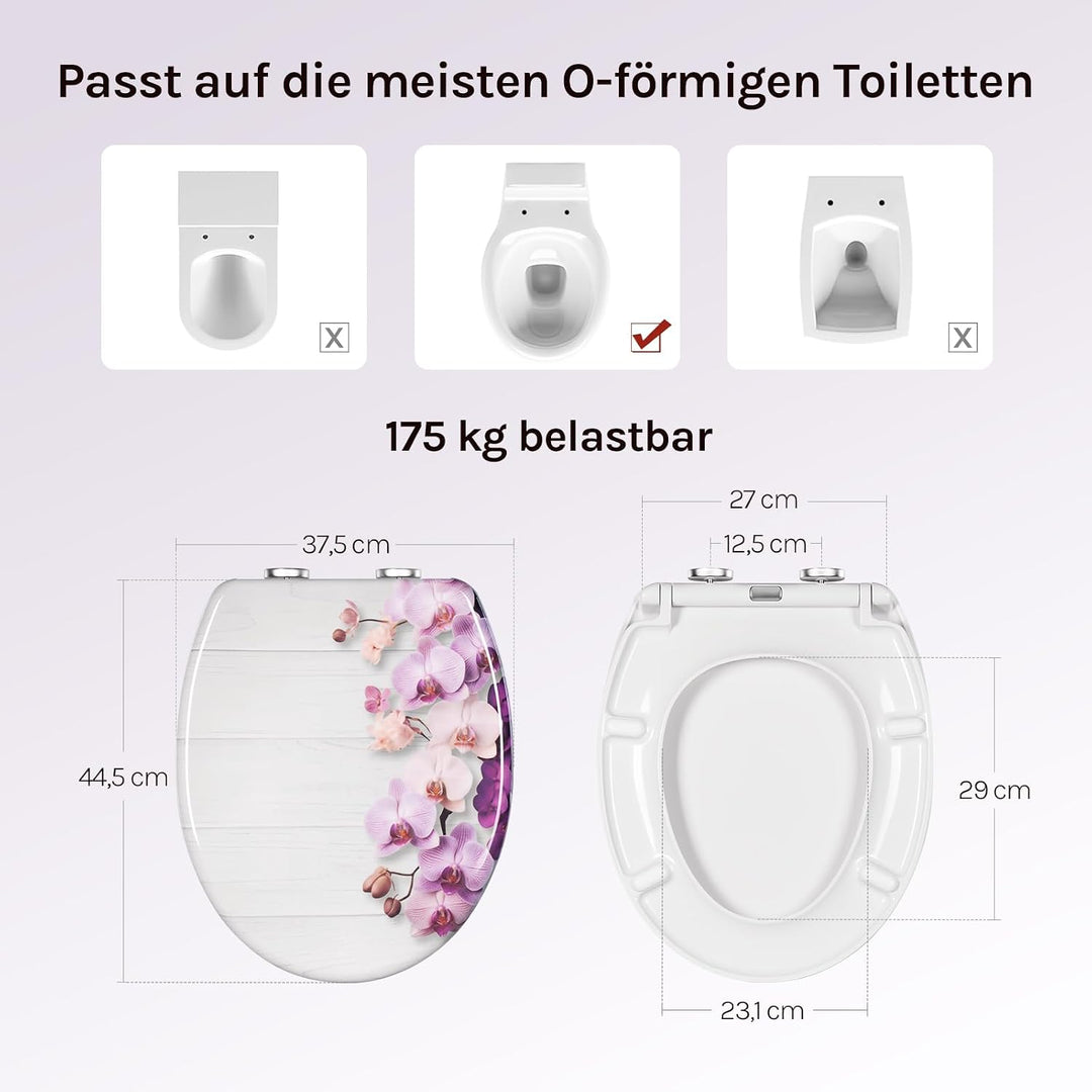 WOLTU WC Sitz mit Absenkautomatik, Toilettendeckel O-Form aus Duroplast Schmetterlingsorchidee, Schm