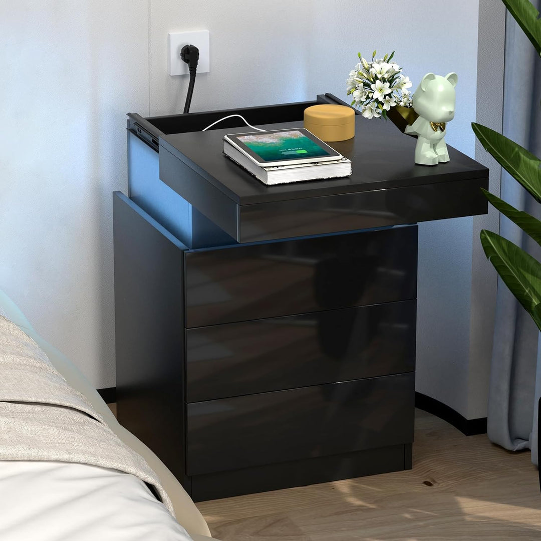 PIPIPOXER Nachttisch mit Steckdose, Moderner Nachtschrank mit Led, Nachtkommode mit 3 Schubladen für