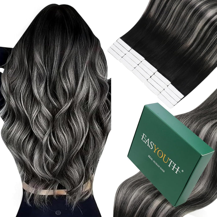 Easyouth Tape in Extensions Echthaar Balayage Schwarz Echthaar Tape in Extension Schwarz Ombre Silbe