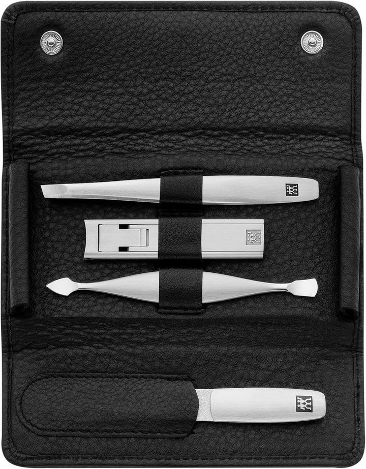 ZWILLING Maniküre Set, Pediküre Kit aus Rindleder 4-teilig mit Nagelknipser, Premium, Schwarz