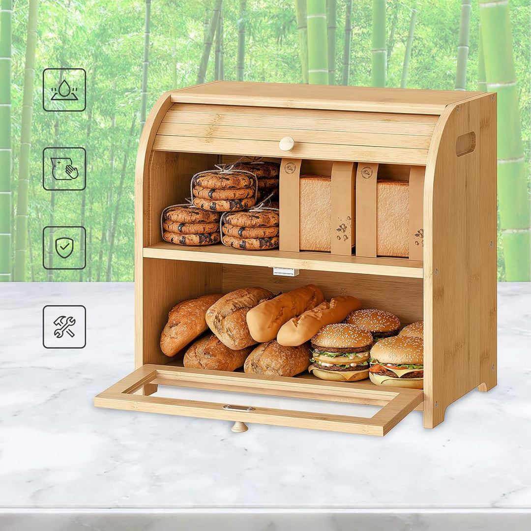 HOOBRO Brotkasten Bambus, 2-stöckiger Brotkorb, Brotbox, Brotaufbewahrung mit Rolldeckel und Vitrine