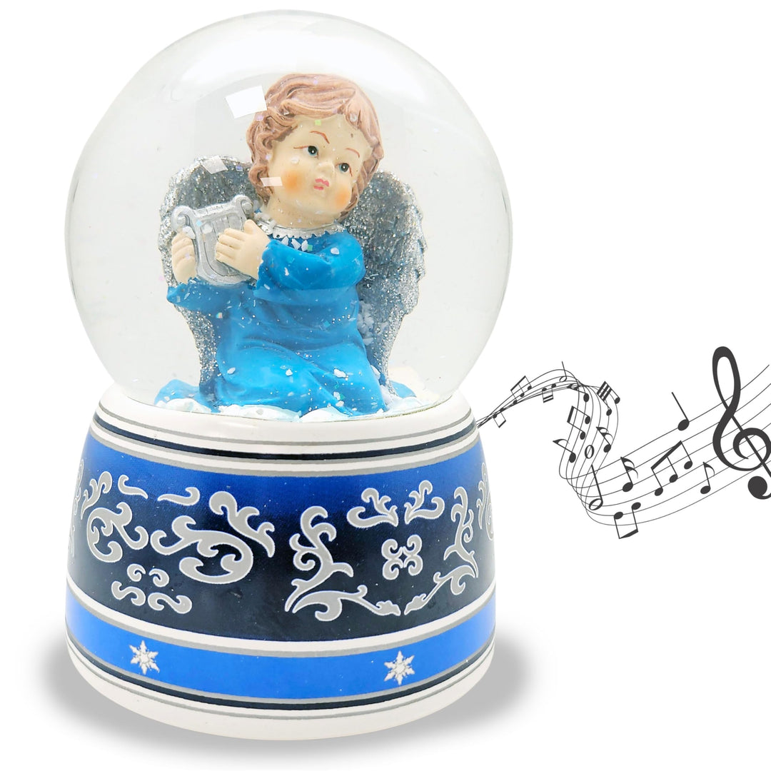Schneekugel Weihnachten mit Musik | Engel blau mit Harfe Silber | Sockel blau-Silber Ornamente | H: