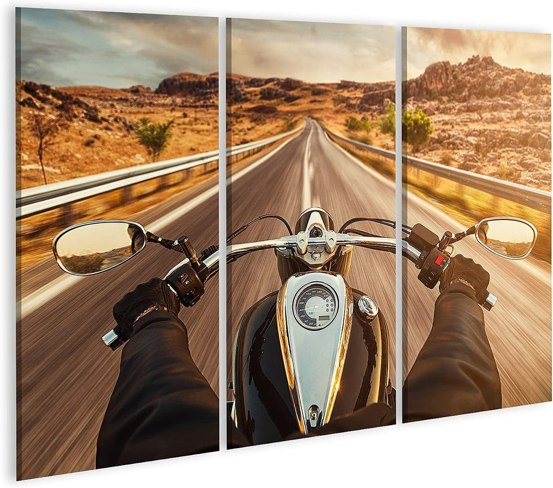 islandburner Bild auf Leinwand Motorrad Fahrer auf einsamen US Highway im Sonnenuntergang Bilder Wan