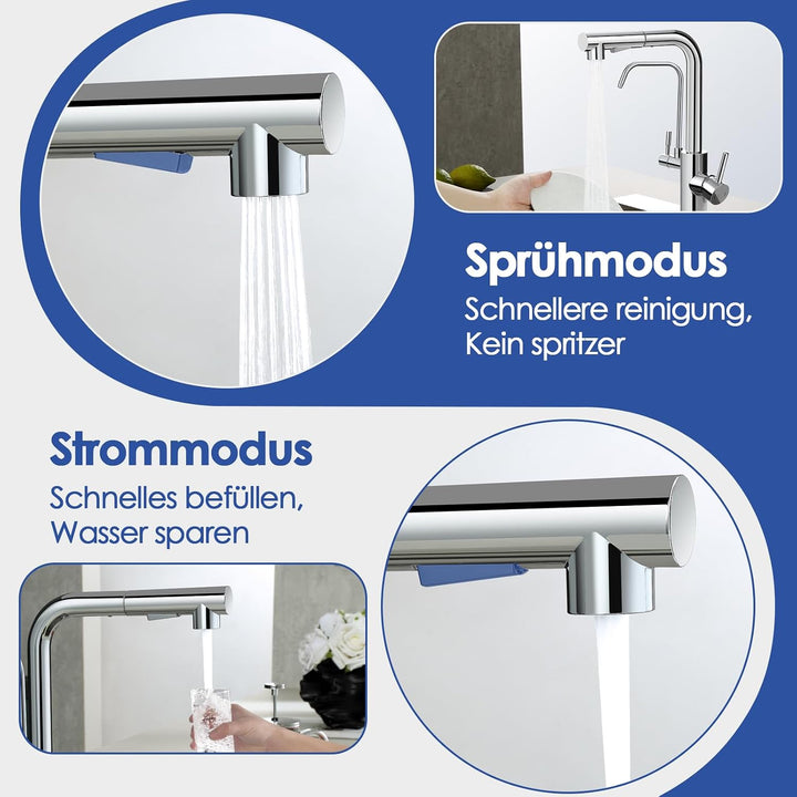 ROVOGO Chrom Wasserhahn Küche 3 Wege mit 2 Strahlarten Brause Ausziehbar, Hochdruck Küchenarmatur mi
