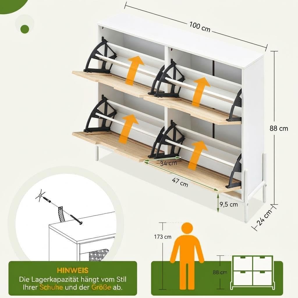 Schuhschrank Breit 100 × 24 × 88 Hoch cm, 4 Klappen, Schmaler Freistehender Schuhkipper Aus Rattan,