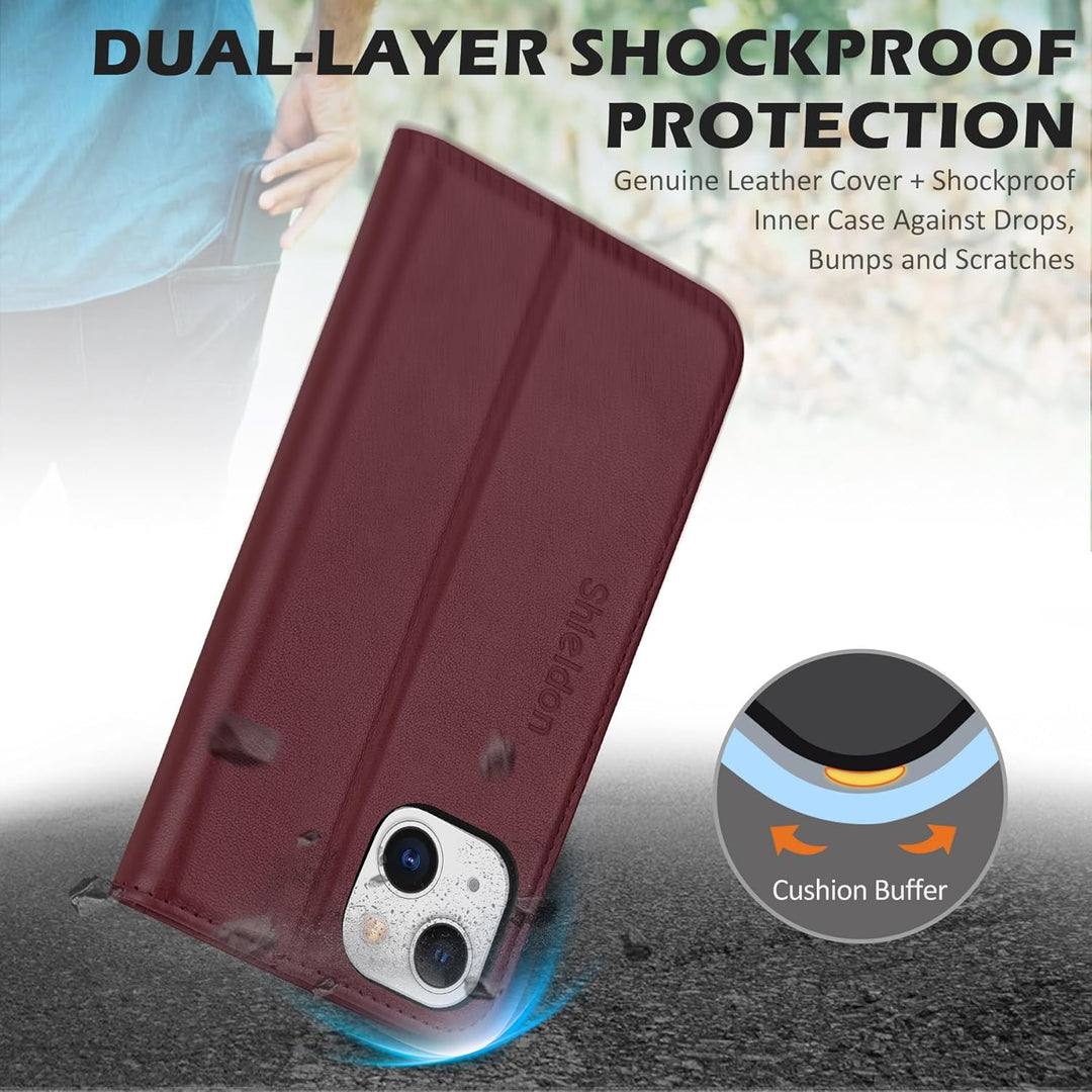SHIELDON Hülle für iPhone 13, Praktische Handyhülle [3 Kartenfächer] [Echtes Rindsleder] [Standfunkt