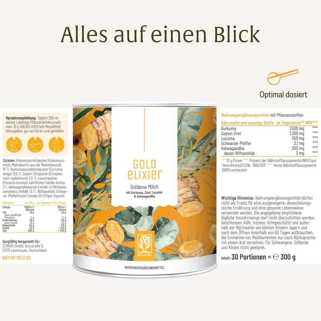 NATURTREU® Goldelixier Goldene Milch Pulver - zur Zubereitung von Kurkuma Latte - enthält 300 g Pulv