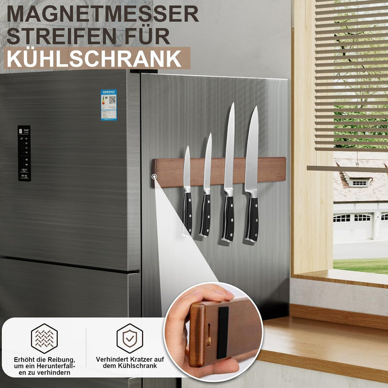 ENOKING Magnetleiste Messer Selbstklebend, 40 cm Messer Magnetleiste aus Akazienholz, Messerhalter M