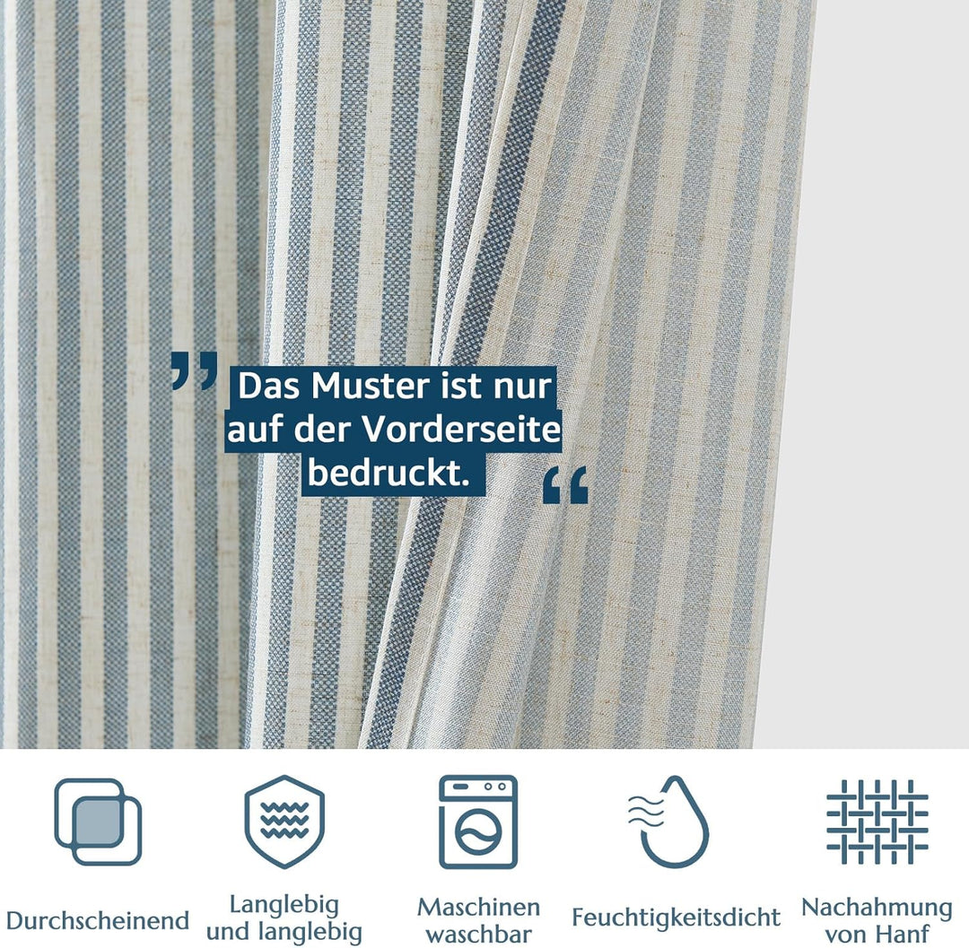 TOPICK Vorhänge Gestreifte Gardinen Modern 2er Set H145xB130 Blau Beige | Leinen Vorhänge Leinenopti