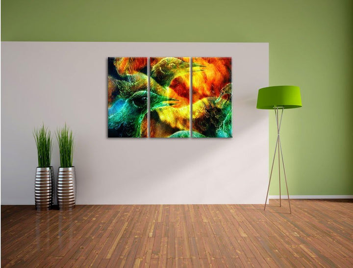 Pixxprint Vogel Phönix Collage als Leinwandbild - Grösse: 3-Teilig (120x80cm) - Wandbild - Kunstdruc