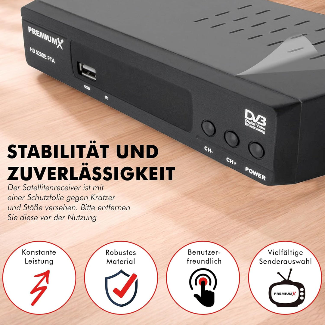 PremiumX Satelliten-Receiver HD 520SE FTA Digital SAT TV Receiver DVB-S2 FullHD HDMI SCART 2X USB Mu