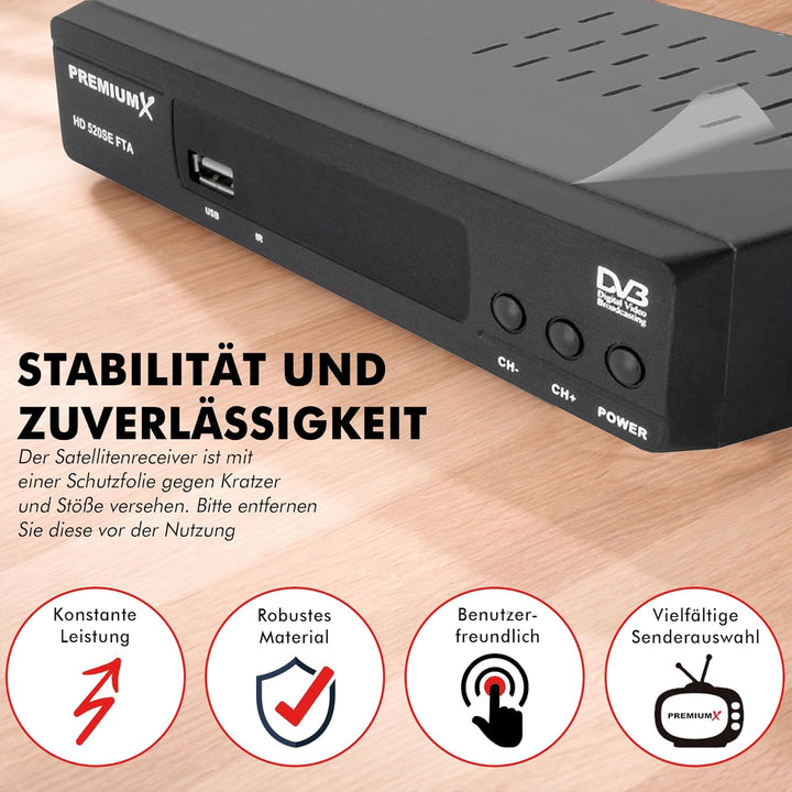 PremiumX Satelliten-Receiver HD 520SE FTA Digital SAT TV Receiver DVB-S2 FullHD HDMI SCART 2X USB Mu