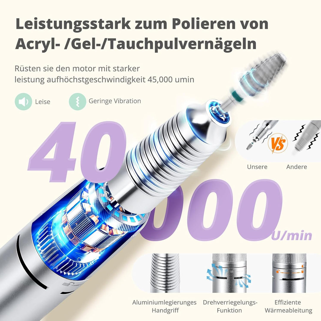 Nagelfräser für Gelnägel 45000 U/MIn, Professionell Fräser Nägel Elektrische Nagelfeile mit Fusspeda