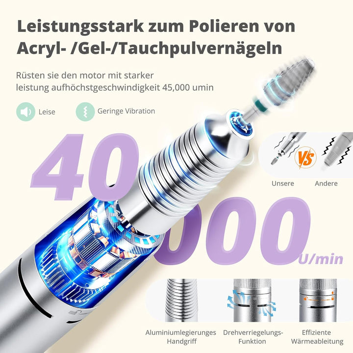 Nagelfräser für Gelnägel 45000 U/MIn, Professionell Fräser Nägel Elektrische Nagelfeile mit Fusspeda