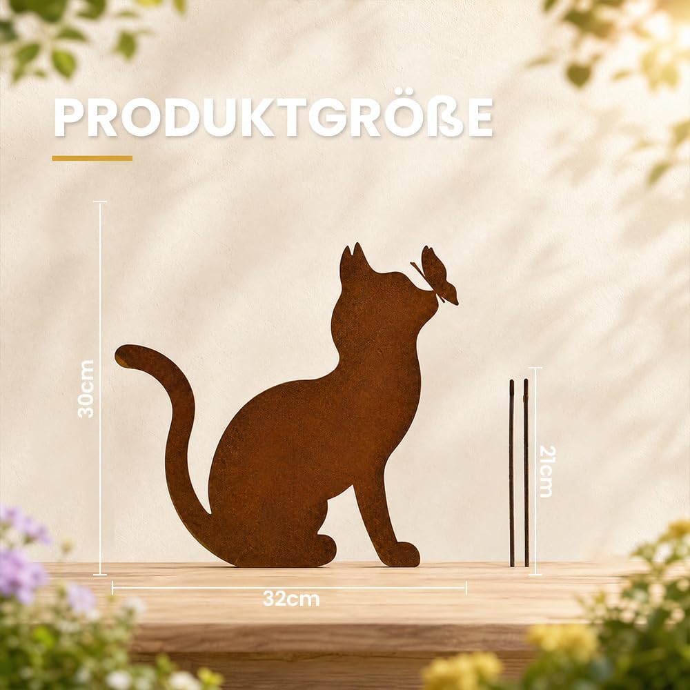 Gartenstecker Rost Katze mit Schmetterling, Gartenstecker Metall, Gartendeko Rost für Draussen, Edel