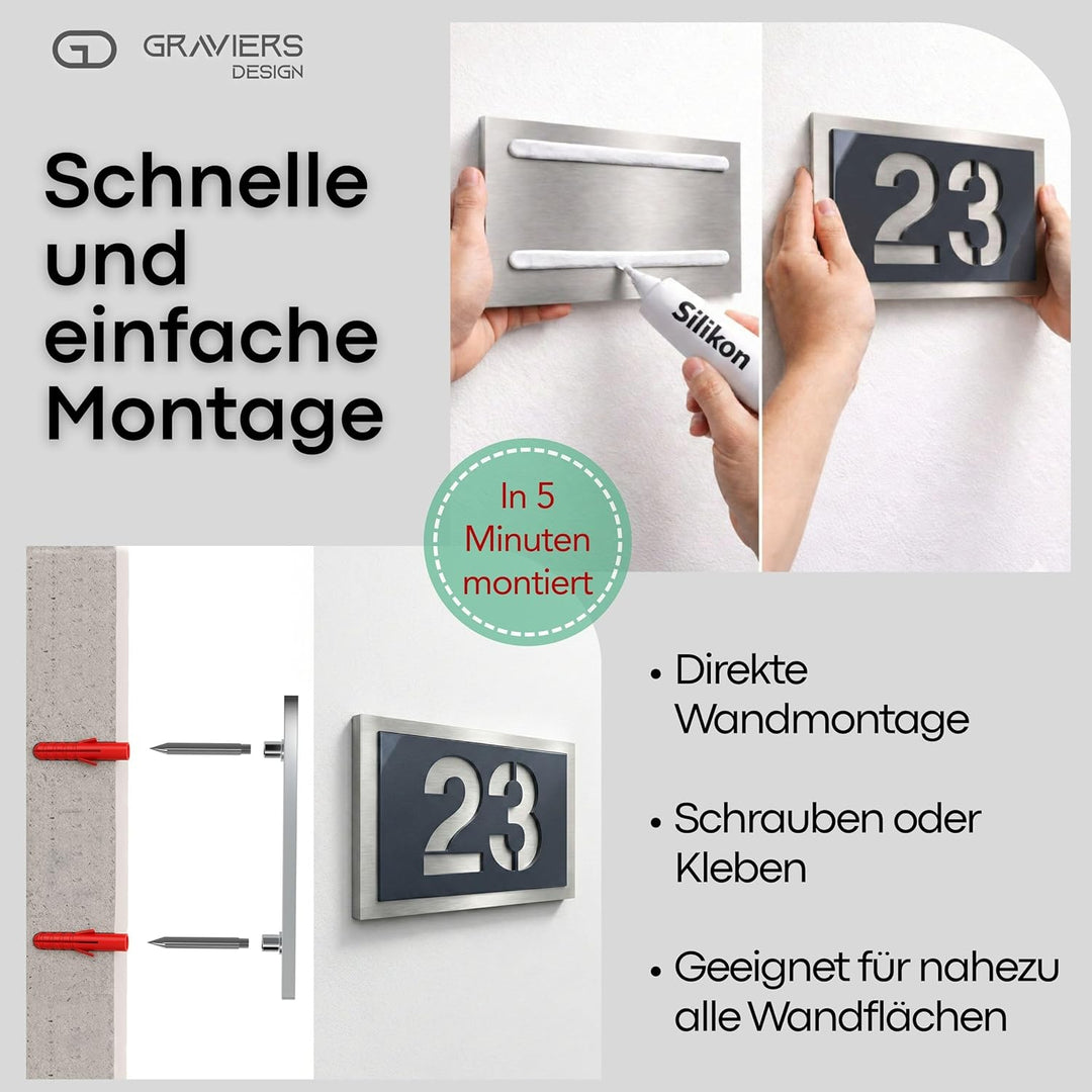 Graviers Design Hausnummer aus V2A Edelstahl 380x264mm - Anthrazit Metallic - Wetterfest Rostfrei In