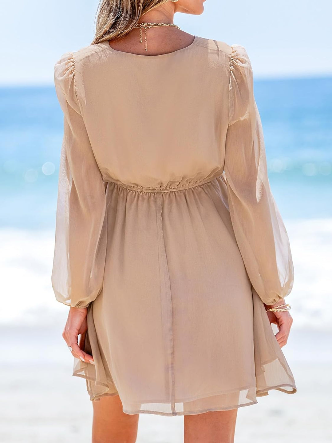 CUPSHE Damen Kleid V Ausschnitt Wickeloptik Transparente Lange Ärmel Blumenmuster Freizeitkleider Wr