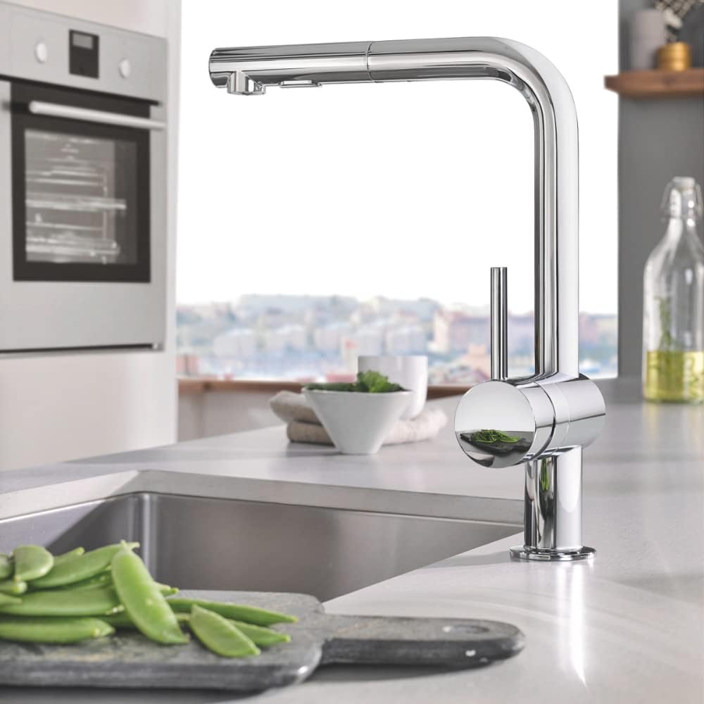 GROHE Minta - Einhand- Küchenarmatur (L-Auslauf, herausziehbare Dual-Spülbrause, 360° schwenkbar, kr