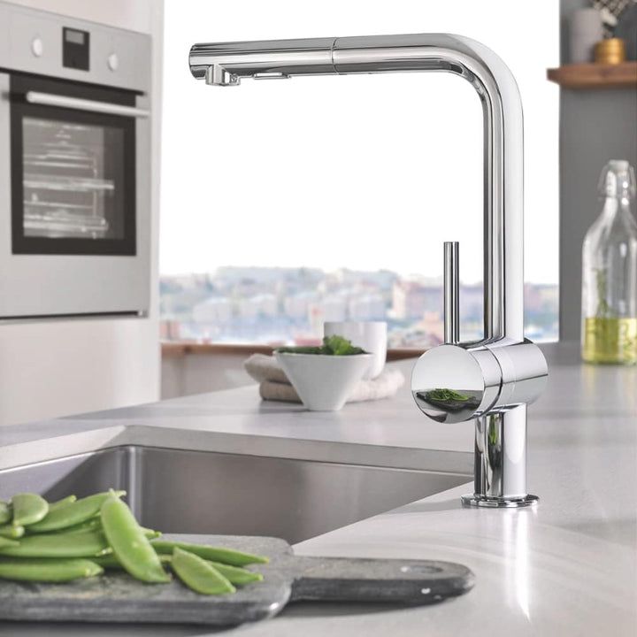 GROHE Minta - Einhand- Küchenarmatur (L-Auslauf, herausziehbare Dual-Spülbrause, 360° schwenkbar, kr