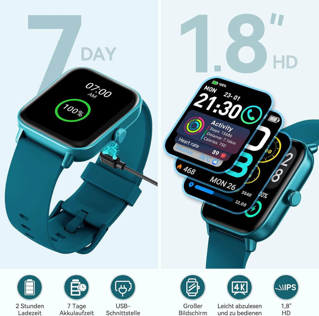 Smartwatch Herren mit Telefonfunktion,1,8" Fitnessuhr Damen mit Herzfrequenz SpO2 Stress Schlafmonit