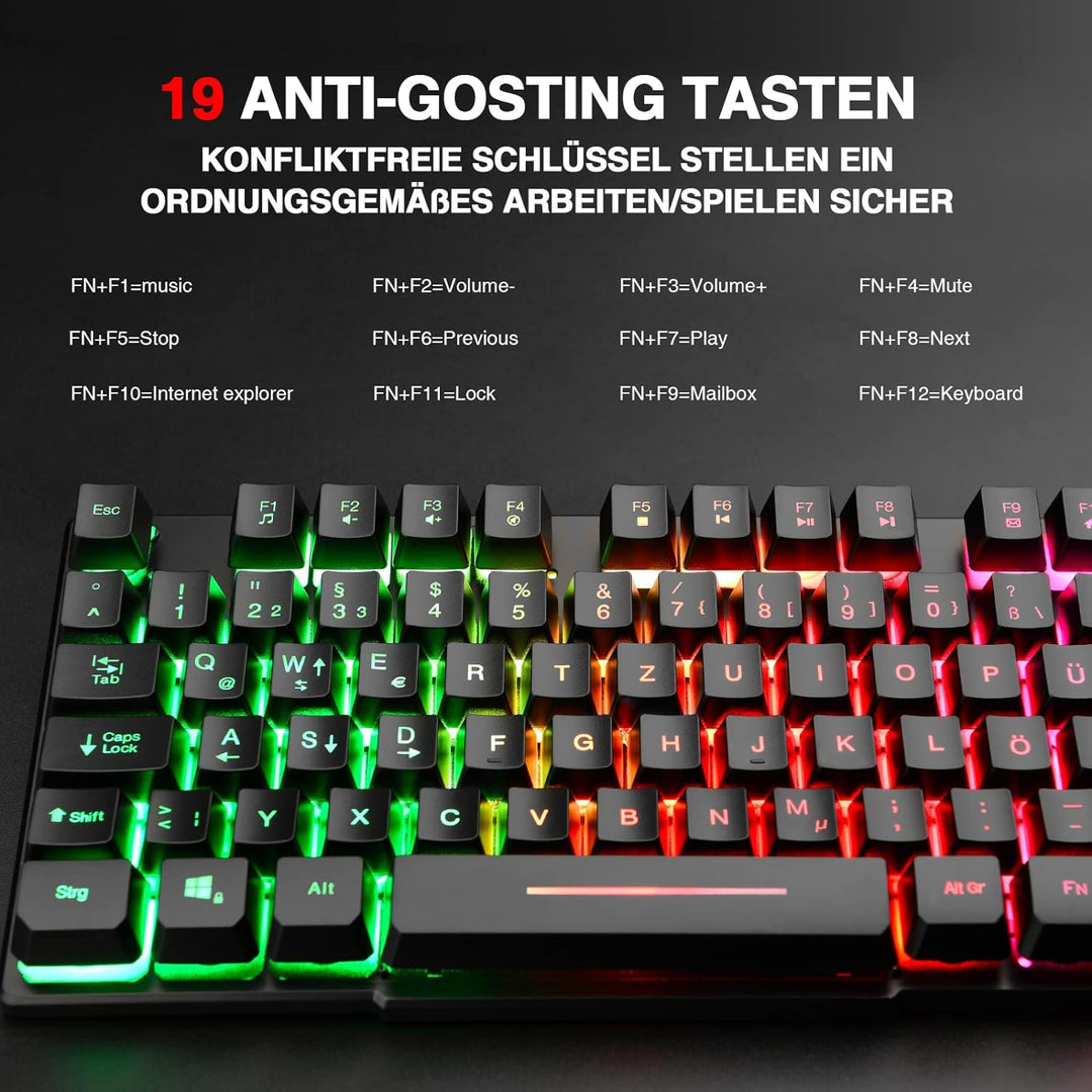 Rii Gaming Tastatur PC, RGB Tastatur kabelgebunden, Regenbogen Beleuchtete Tastatur LED, Gaming Keyb