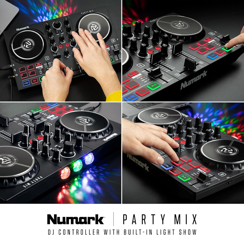 Numark Party Mix II – DJ Controller Pult mit 2 Decks, eingebauten DJ-Lichtern & DJ-Mixer; unterstütz