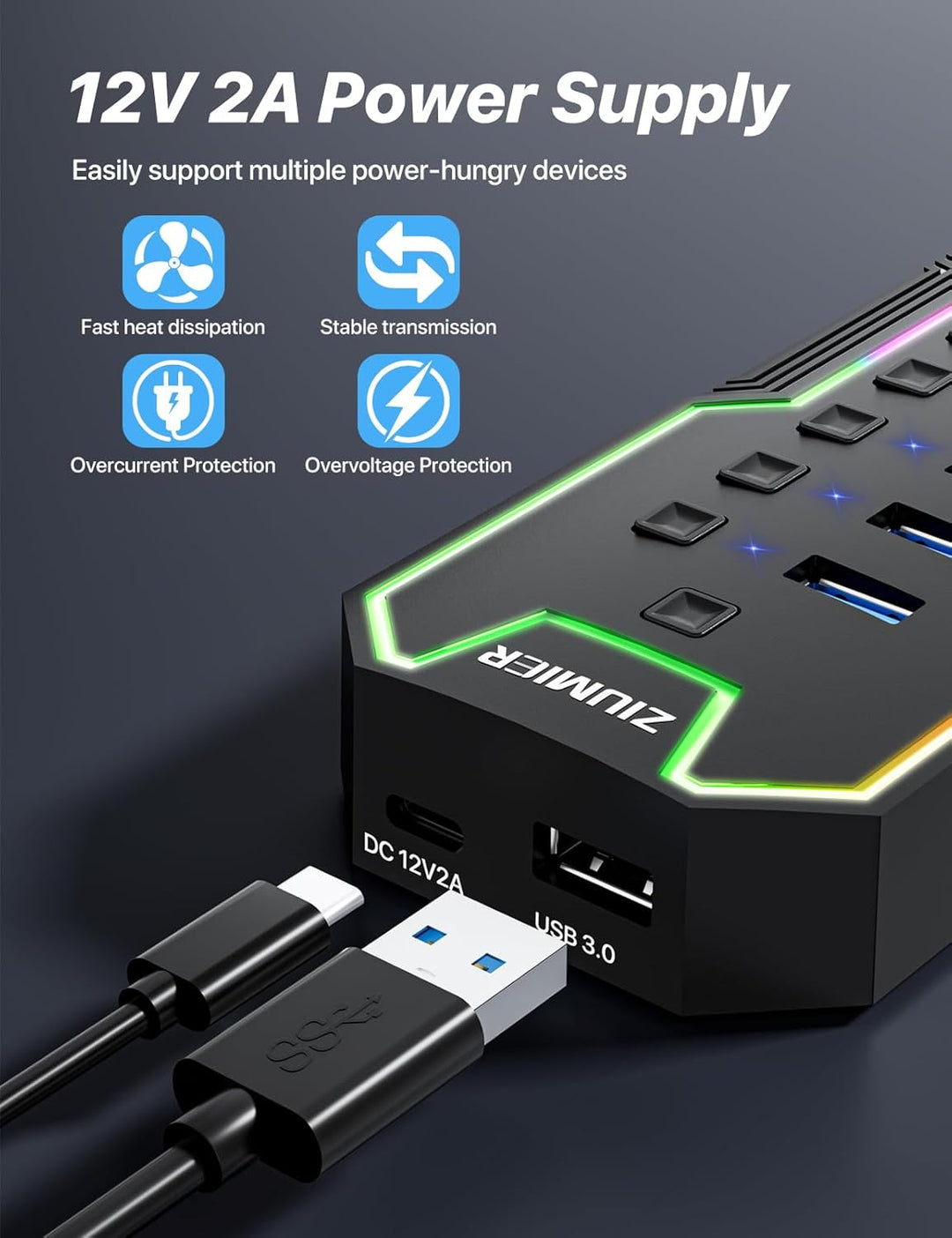 Powered USB Hub, 10 Ports USB 3.0 Hub mit RGB LED Strip und 12V/2A Power Adapter USB Erweiterung für
